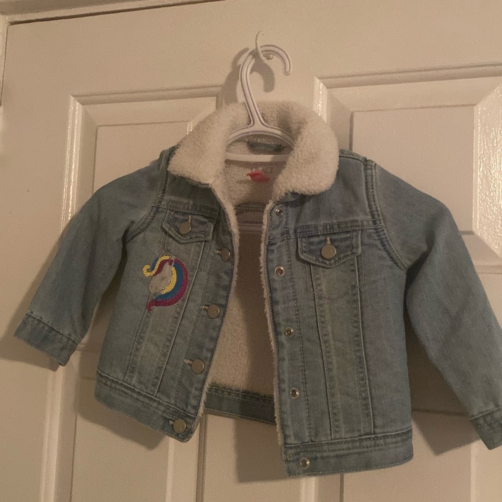 Warm Sherpa aligned spring jean jacket for babies 12 to 18 months unicorn